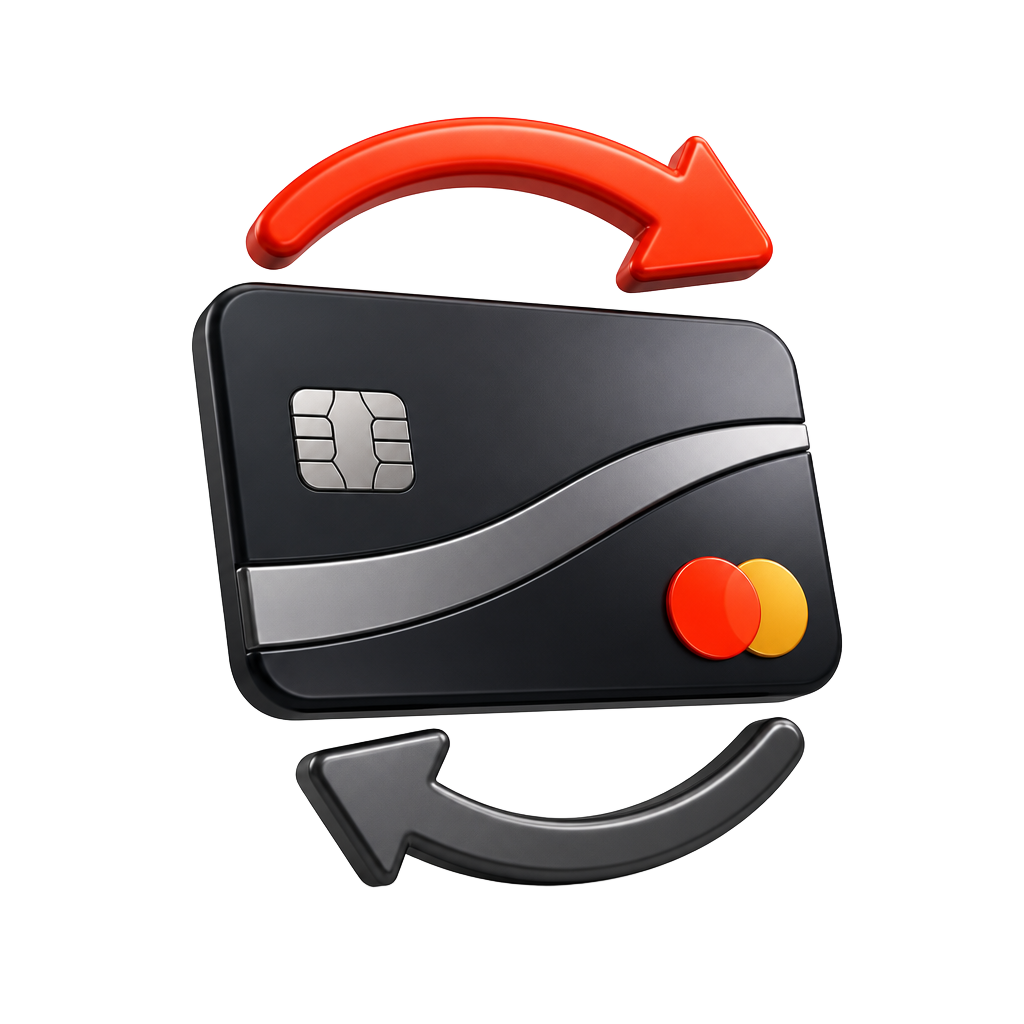 3D icon of a payment card with deposit and withdrawal arrows