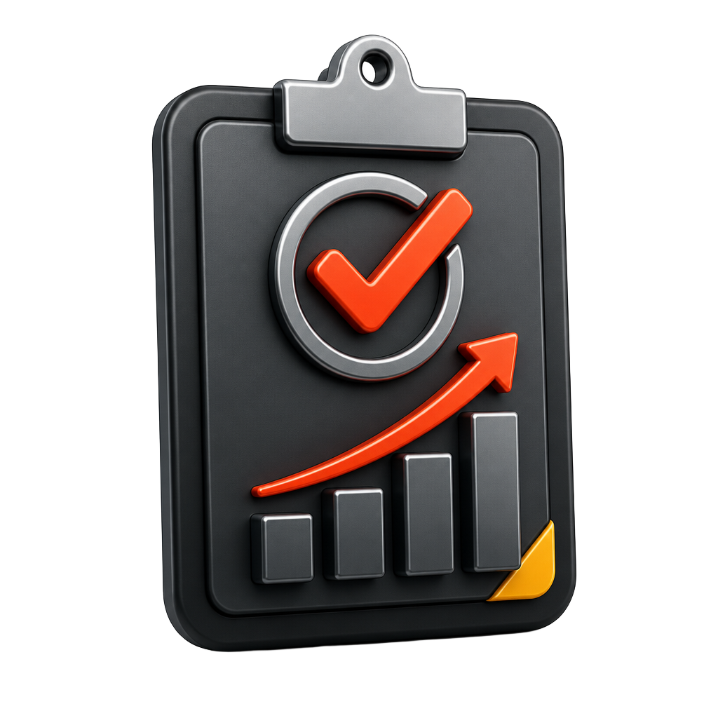 3D icon of a clipboard with a checkmark and a rising chart